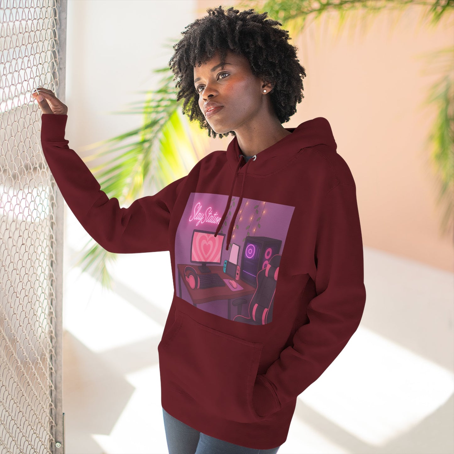 SlayStation Gamer Girl Hoodie – Aesthetic Pink Gaming Setup Sweatshirt for Gamers