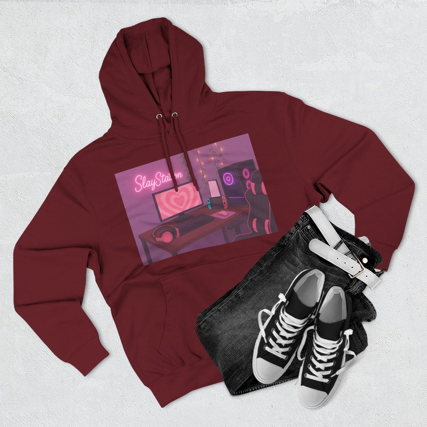 SlayStation Gamer Girl Hoodie – Aesthetic Pink Gaming Setup Sweatshirt for Gamers