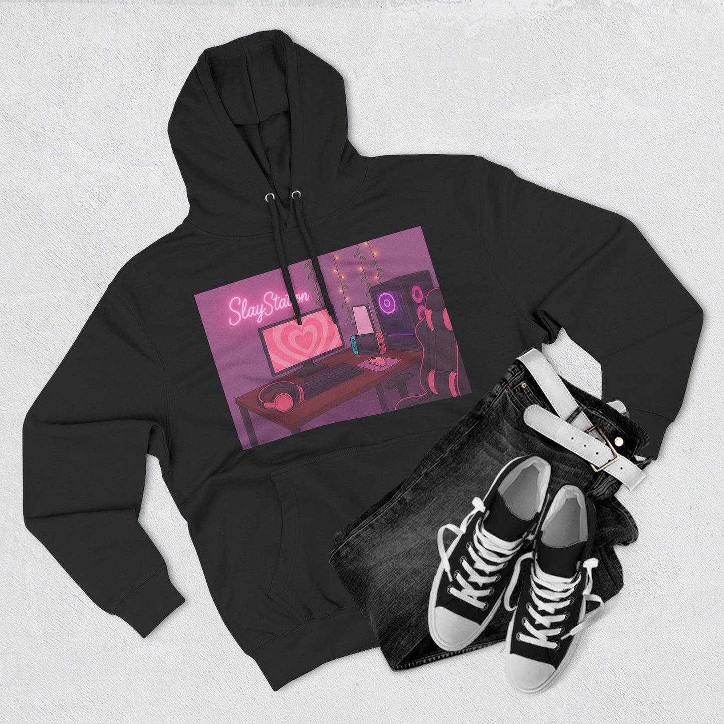 SlayStation Gamer Girl Hoodie – Aesthetic Pink Gaming Setup Sweatshirt for Gamers