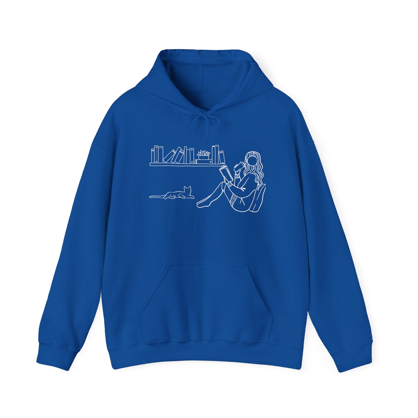 Cozy Reading Girl & Cat Hoodie – Minimalist Line Art Book Lover Sweatshirt