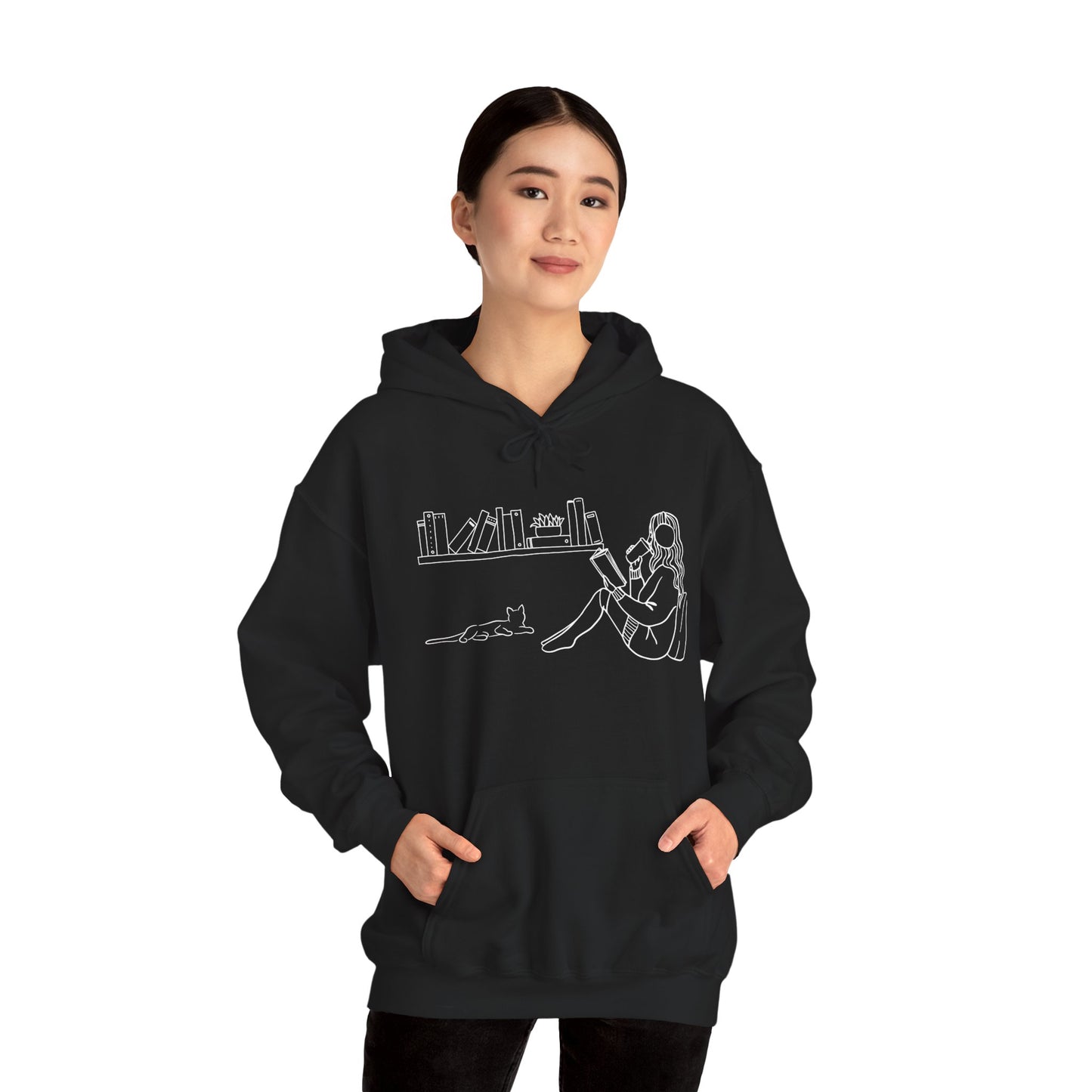 Cozy Reading Girl & Cat Hoodie – Minimalist Line Art Book Lover Sweatshirt