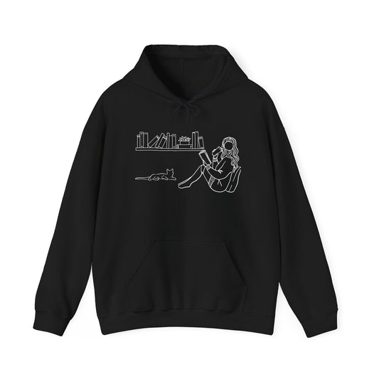 Cozy Reading Girl & Cat Hoodie – Minimalist Line Art Book Lover Sweatshirt