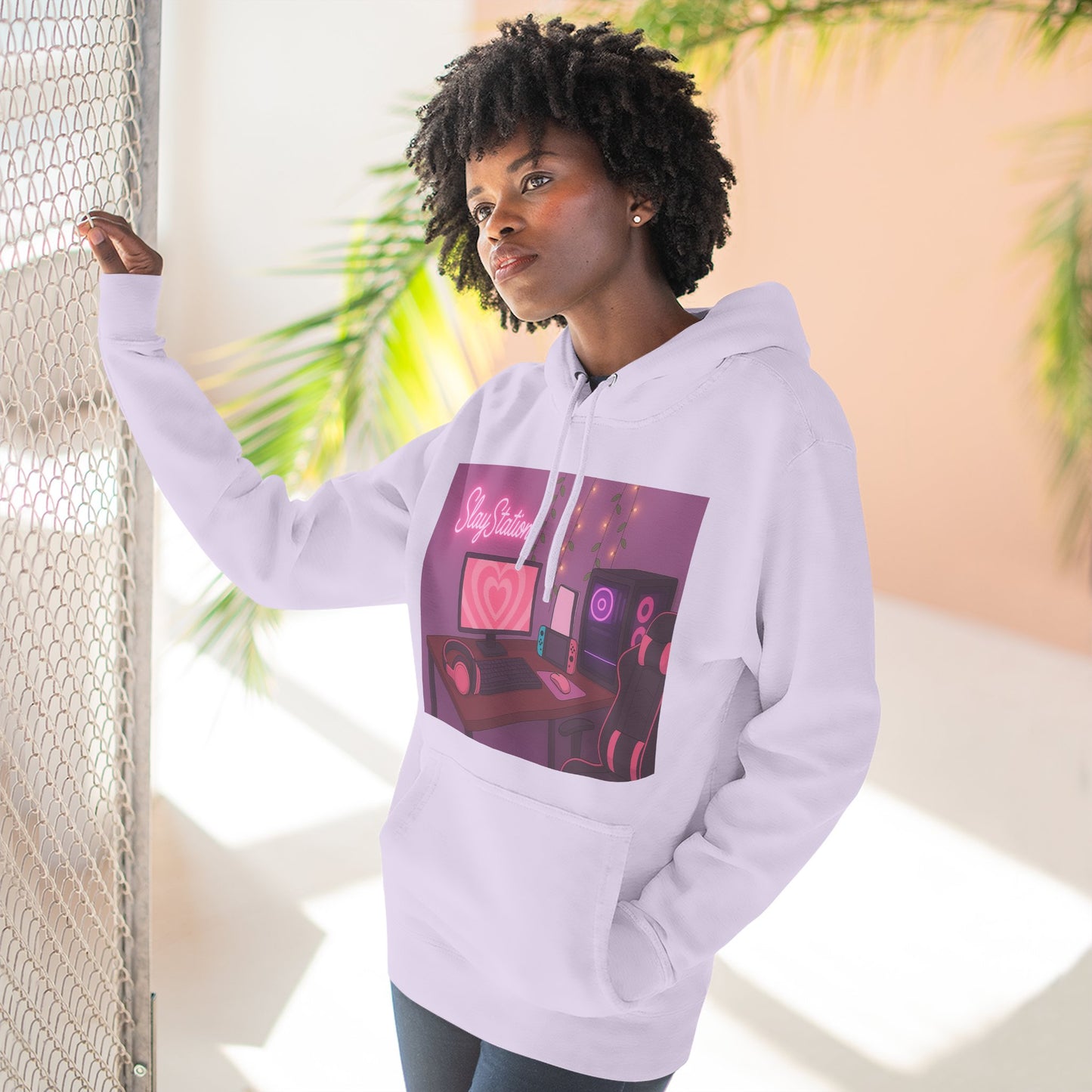 SlayStation Gamer Girl Hoodie – Aesthetic Pink Gaming Setup Sweatshirt for Gamers