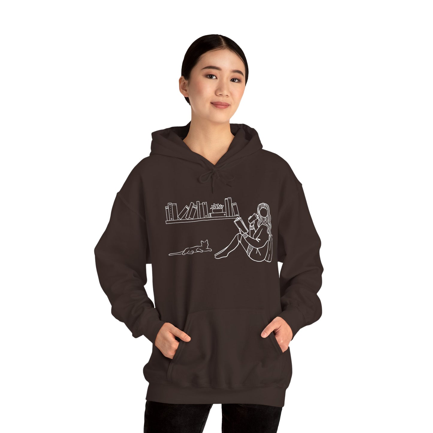 Cozy Reading Girl & Cat Hoodie – Minimalist Line Art Book Lover Sweatshirt