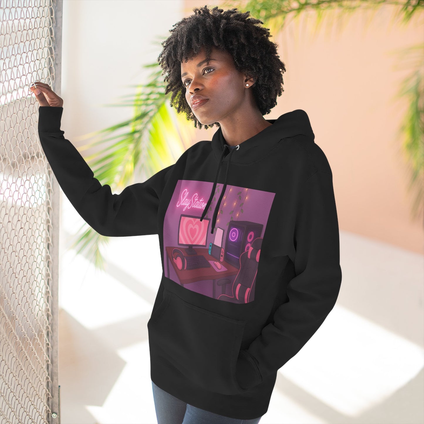 SlayStation Gamer Girl Hoodie – Aesthetic Pink Gaming Setup Sweatshirt for Gamers