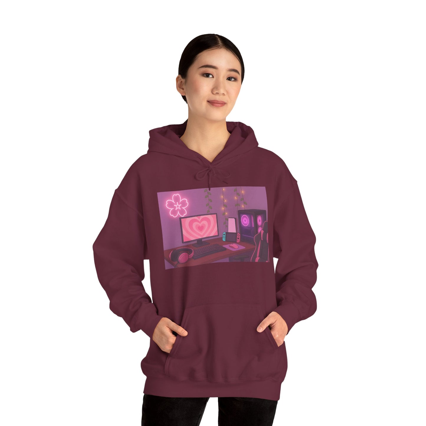 Aesthetic Gamer Girl Hoodie – Cozy PC Setup Art Pullover