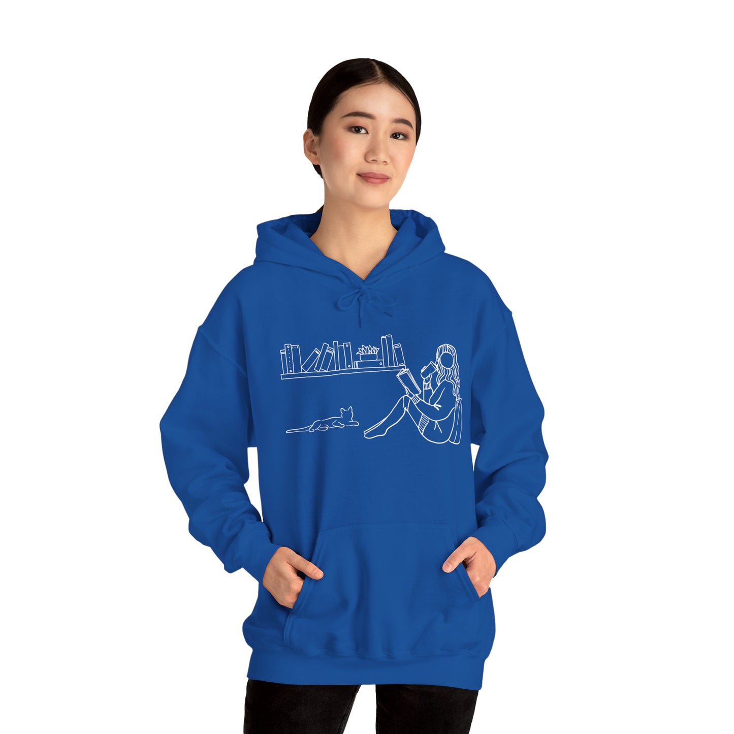 Cozy Reading Girl & Cat Hoodie – Minimalist Line Art Book Lover Sweatshirt