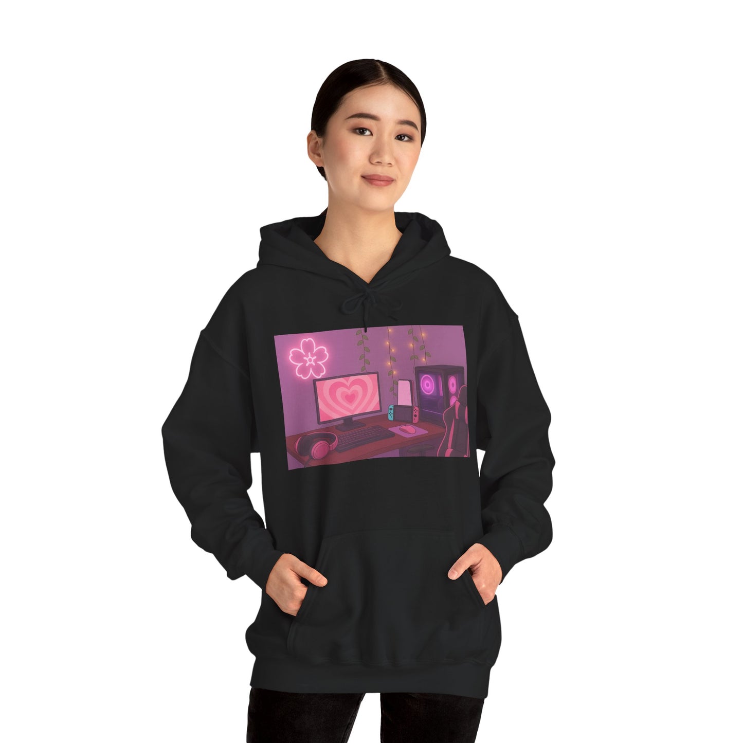 Aesthetic Gamer Girl Hoodie – Cozy PC Setup Art Pullover