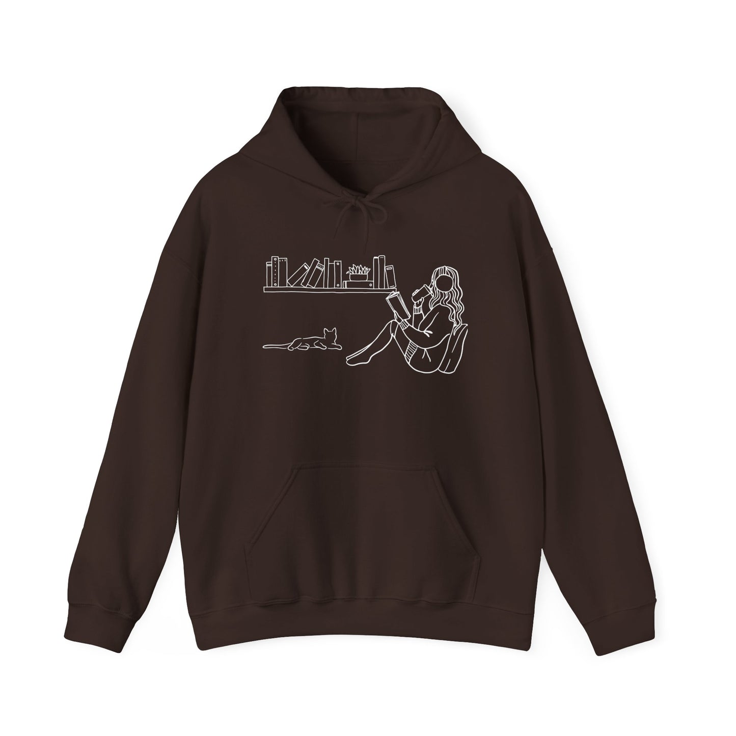 Cozy Reading Girl & Cat Hoodie – Minimalist Line Art Book Lover Sweatshirt