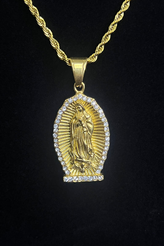 Virgen de Guadalupe Pendant Necklace | 24K Gold Plated Rope Chain | Mexican & Chicana Jewelry